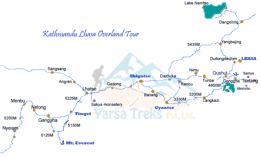 8 Days Overland Adventure in Tibet route map