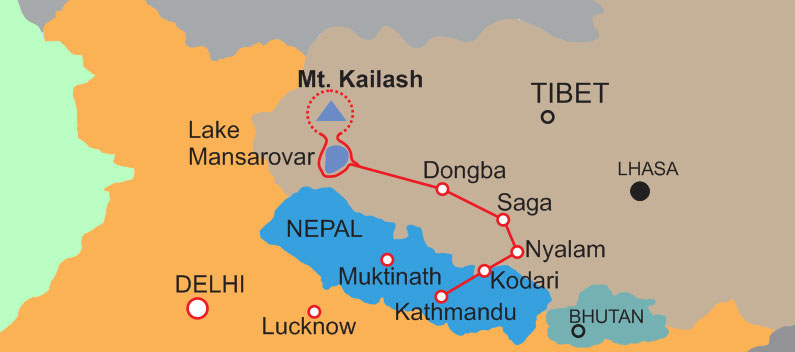 Mt.Kailash and Manasarovar Lake Tour -14 days route map
